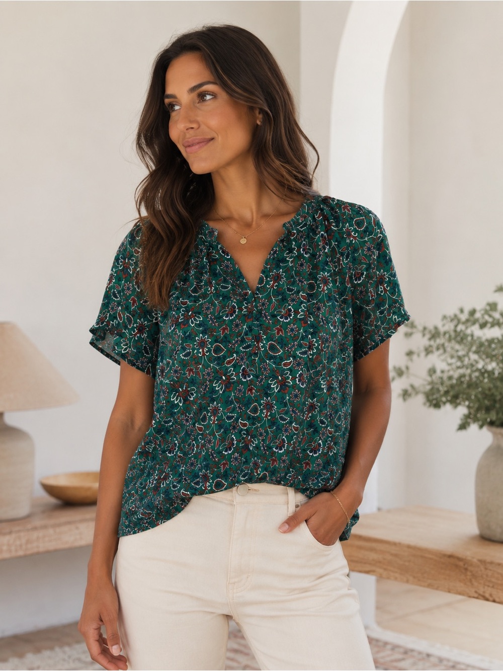LOFT Teal Green Floral Split-Neck Short Sleeve Blouse